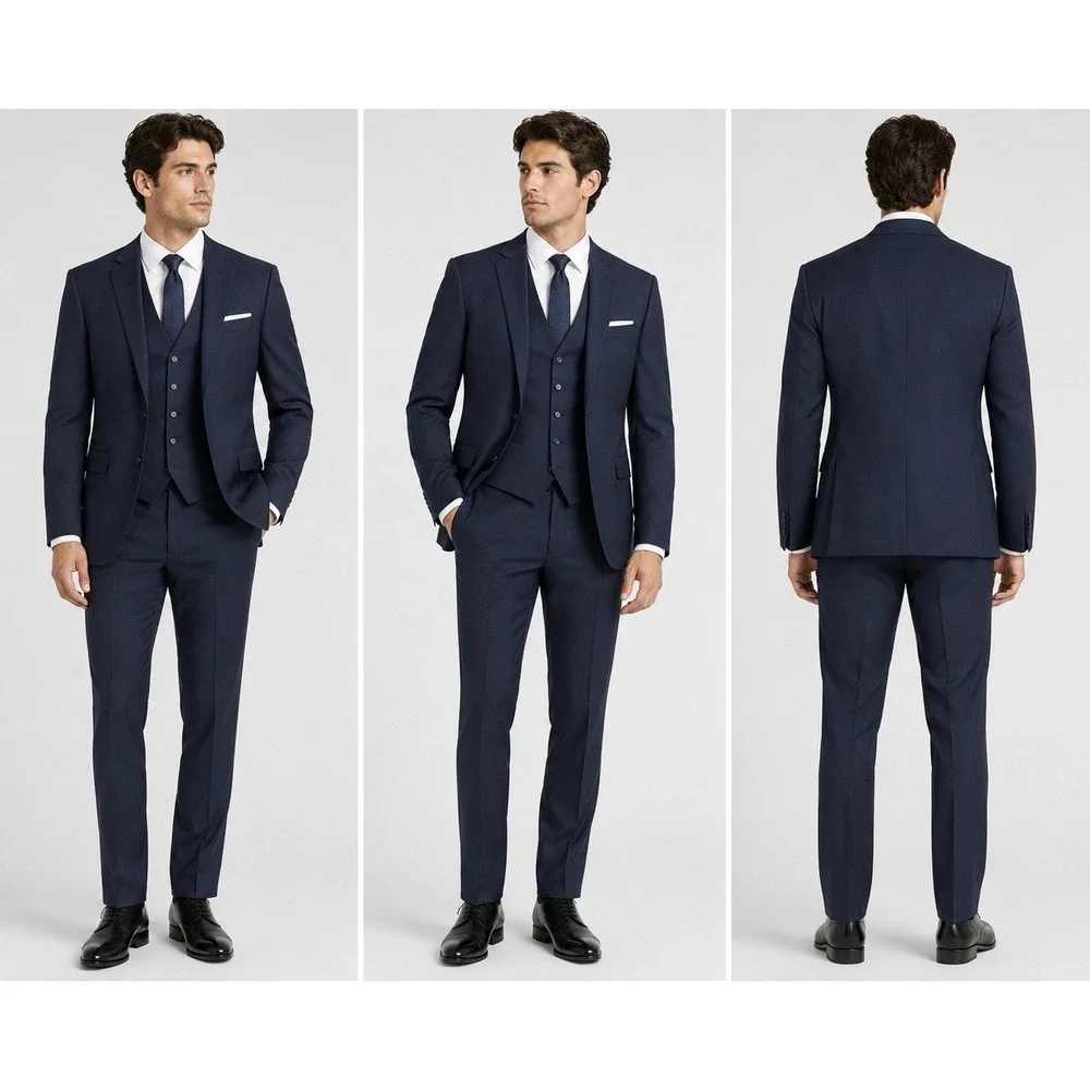 Pronto Uomo 38 Long 32x31-32 Navy 100% Wool Mens 3 Pc Suit Jacket Pants Vest